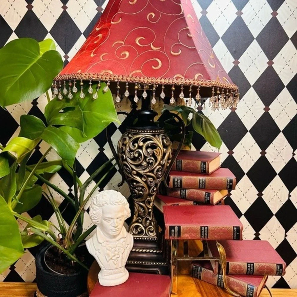 Moody Vintage Table Lamp‎ with Deep Burgundy Shade| Ornate Baroque Decor